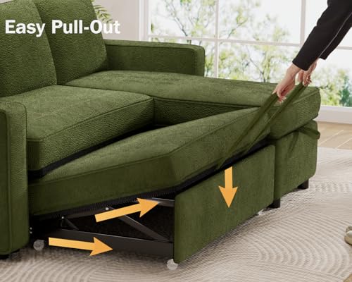 81" Sleeper Sofa Bed with Pull Out Bed, L Shaped Sectional, Chenille Green C110