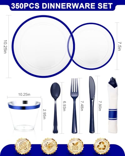 Disposable Plates Set for 50 Guests, Plastic Dinnerware with Cups and Napkins J193