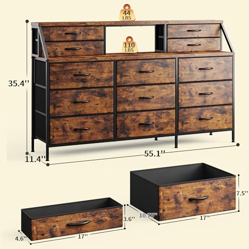 55" Dresser with 13 Fabric Drawers and 2 Open Shelves, Rustic Brown K688
