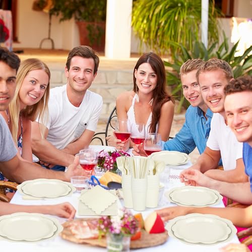 Ivory Paper Plates and Napkins Set for 50 Guests, Disposable Tableware with Utensils M509