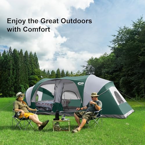 12-Person Camping Tent, 3 Room Family Tent, Waterproof Windproof with Carry Bag Q601154