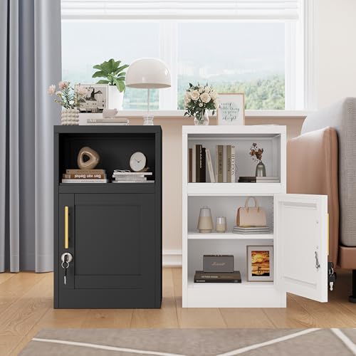 Black Metal Nightstand with Storage Cabinet and Shelves M836