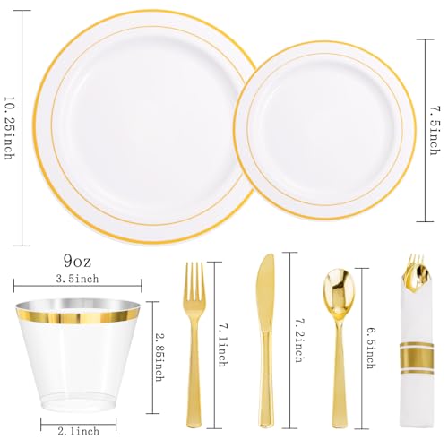 350PCS Clear Gold Plastic Dinnerware Set for 50 Guests, Disposable Plates, Cups & Silverware N692