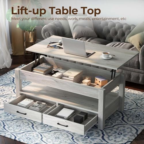 Lift Top Coffee Table with Drawers and Hidden Compartment, Wooden Retro Design for Living Room N4328