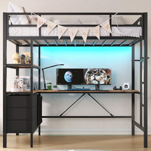 Loft Bed Full Size with L-Shaped Desk and Charging Station G796