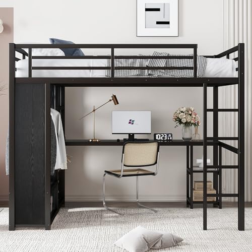 Metal Loft Bed with Wardrobe and L-Shaped Desk, Full Size with Storage Cubes and Shelves J450846