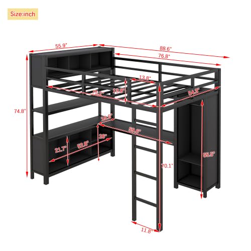 Full Size Loft Bed with Wardrobe and L-Shaped Desk, Metal with Storage Cubes, White Q15057