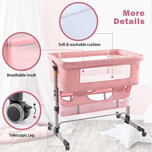 Baby Bassinet Bedside Sleeper with Storage Basket, Easy Folding, Adjustable, Pink D26019