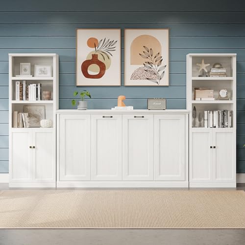 Twin Murphy Bed with Side Cabinets and Bookcase, Foldable Wall Bed for Guest Room, White X864