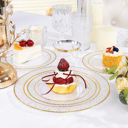 350PCS Clear Plastic Plates with Gold Trim for 50 Guests, Disposable Dinnerware Set O686017