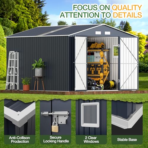 Outdoor Storage Shed 10 x 12 ft Metal Garden Utility with Lockable Doors U582216