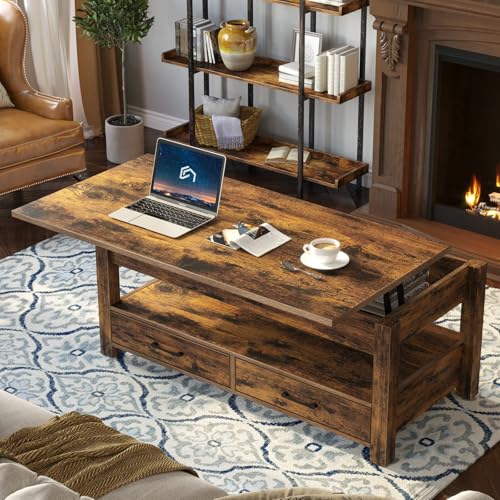 Lift Top Coffee Table with Drawers and Hidden Compartment, Wooden Retro Design for Living Room N4328