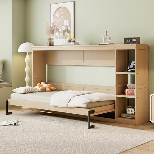 Full Size Horizontal Murphy Bed with Shelves, Foldable into Cabinet W154373