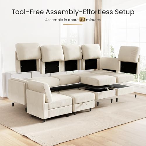 Modular Sectional Sofa Bed with Storage Ottoman, Beige S706