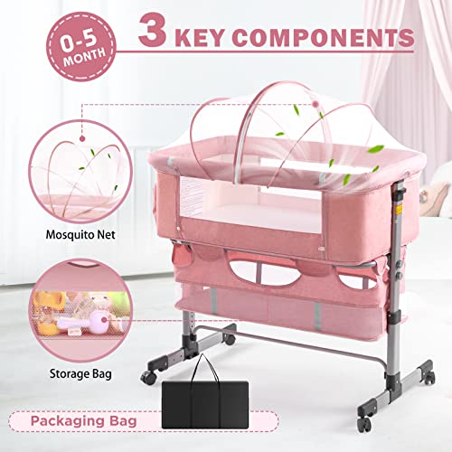Baby Bassinet Bedside Sleeper with Storage Basket, Easy Folding, Adjustable, Pink D26019