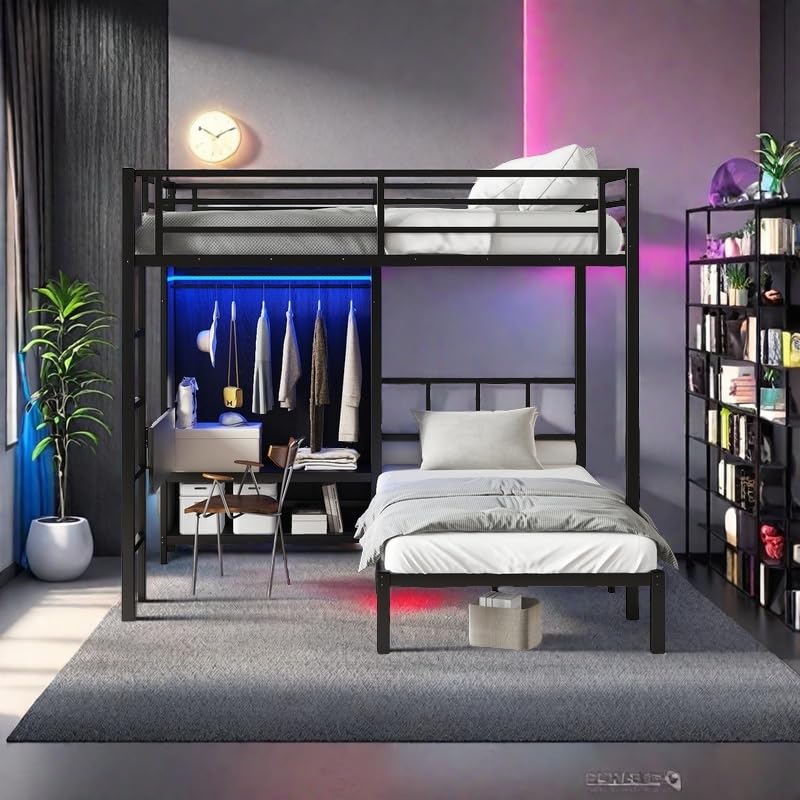 SOFTSEA Metal Bunk Bed with Wardrobe Full XL Over Twin L-Shaped Bunk Beds with Desk and Shelves for Kids Teens