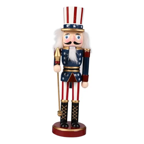 Patriotic Nutcracker Figurines Wooden Soldier Statue with Cane for Independence Day Decoration C859373