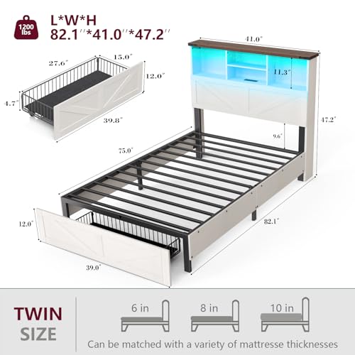 Antique White Twin Bed Frame with Bookshelf Headboard and Charging Station W2836