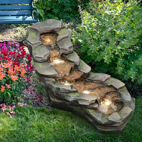 37" Outdoor Garden Water Fountain, 5-Tier Rock Waterfall with LED Lights H197