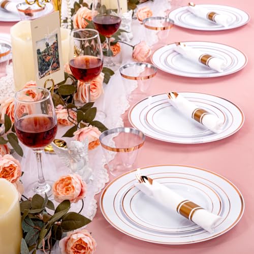 350PCS Clear Gold Plastic Dinnerware Set for 50 Guests, Disposable Plates, Cups & Silverware N692