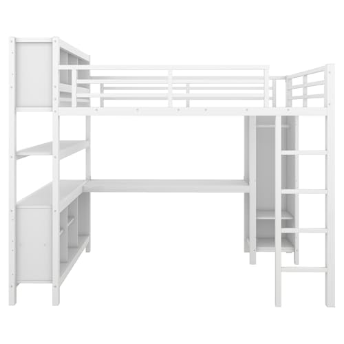 Full Loft Bed with Desk, Storage Shelves, and Wardrobe, Heavy-Duty Frame, Black K6320