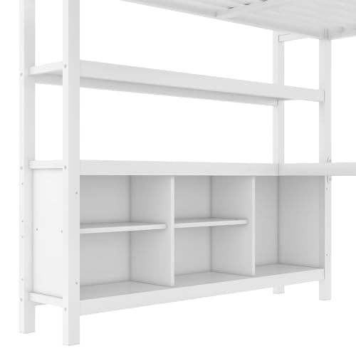 Full Loft Bed with Desk, Storage Shelves, and Wardrobe, Heavy-Duty Frame, Black K6320