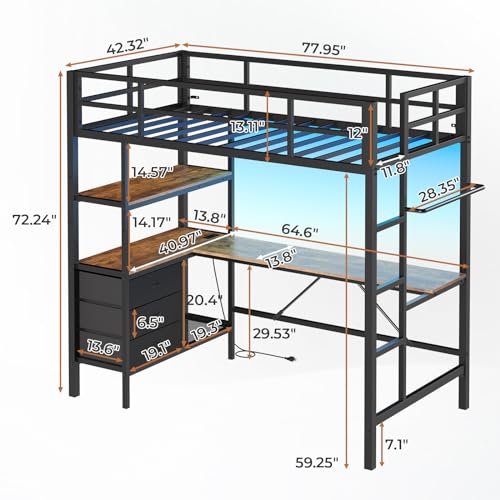 Loft Bed Full Size with L-Shaped Desk and Charging Station G796