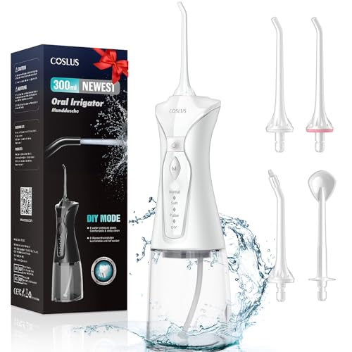 COSLUS Water Dental Flosser Pick for Teeth: 4 Modes Cordless Portable 300ML Larger Tank Water Teeth Cleaner IPX7 Waterproof Oral Irrigator FC5360