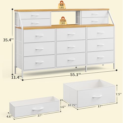 55" Dresser with 13 Fabric Drawers and 2 Open Shelves, Rustic Brown K688