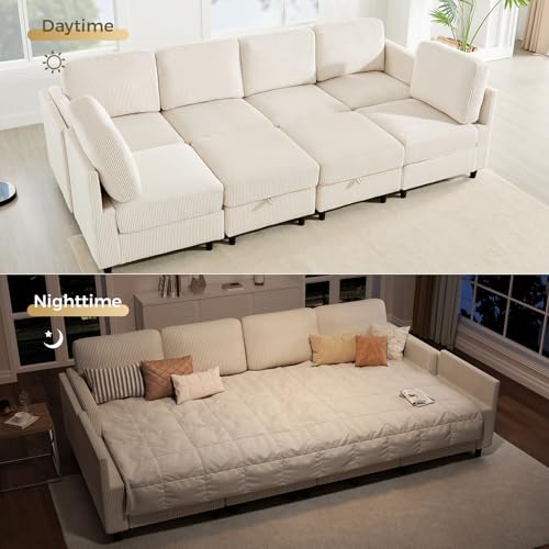 Modular Sectional Sofa Bed with Storage Ottoman, Beige S706