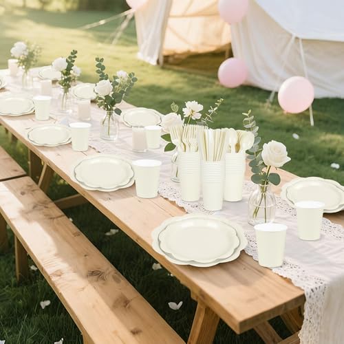 Ivory Paper Plates and Napkins Set for 50 Guests, Disposable Tableware with Utensils M509