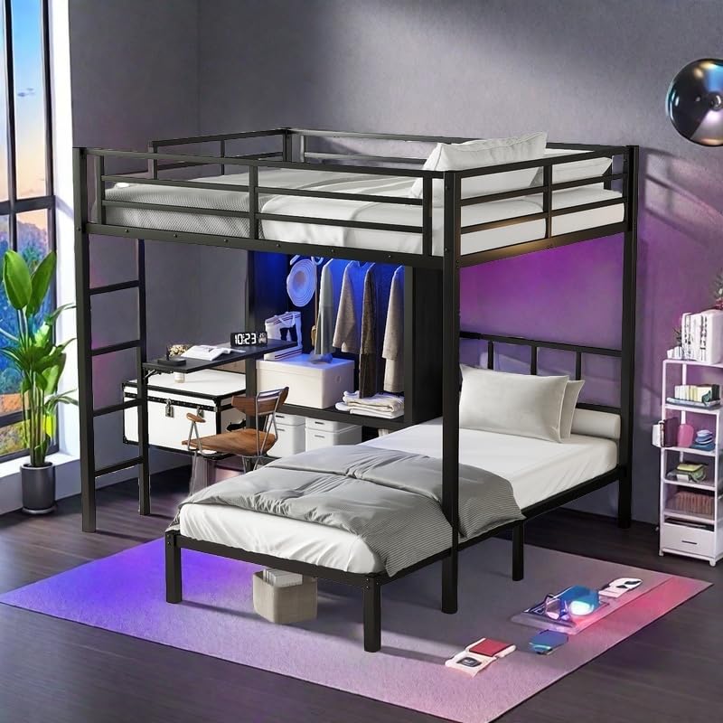 Metal Bunk Bed with Wardrobe Full XL Over Twin L-Shaped with Desk and Shelves R307