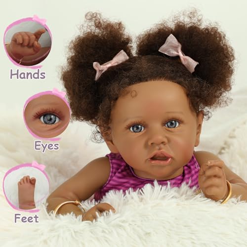 22" Realistic African American Newborn Baby Doll with Two Afro Puffs and Feeding Toys N45735