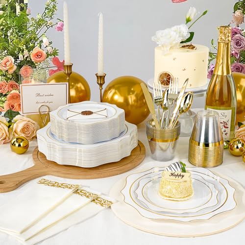 350 PCS Gold Plastic Plates with Cups, Silverware and Napkins for Party L8169