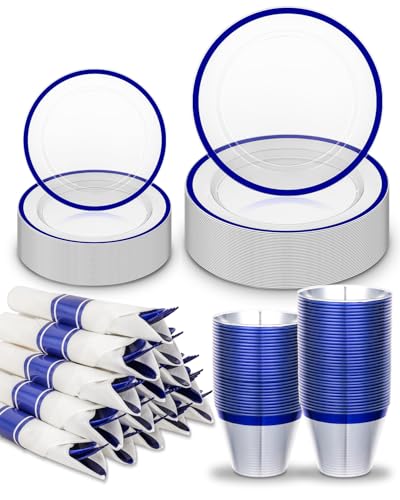 Disposable Plates Set for 50 Guests, Plastic Dinnerware with Cups and Napkins J193