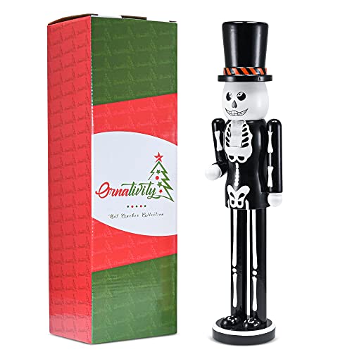Skeleton Nutcracker Figure with Top Hat, Black and White Wooden Christmas Halloween Decor 15" O46743