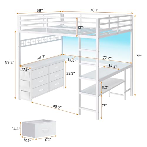 Loft Bed Full Size with U-Shaped Desk, Storage Drawers, Power Outlet, LED, Safety Guardrail & Ladders P611917