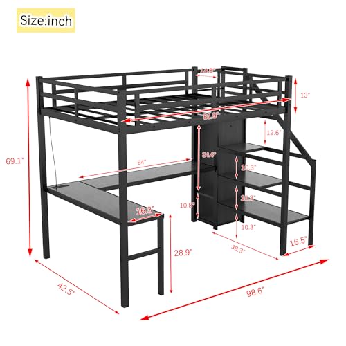 Metal Loft Bed with Wardrobe and L-Shaped Desk, Full Size with Storage Cubes and Shelves J450846