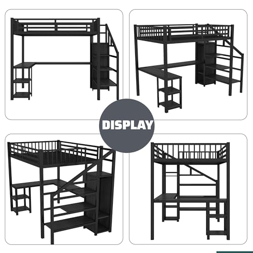 Queen Loft Bed with L-Shaped Desk and Stairs, Metal Frame, Black F92113