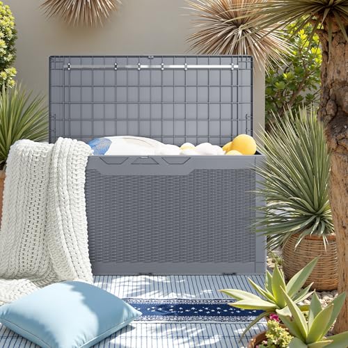 31 Gallon Resin Deck Box Waterproof Indoor Outdoor Storage for Patio Cushions and Garden Tools L90121
