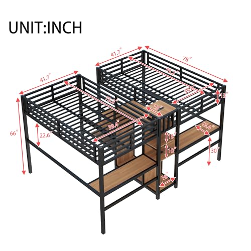Metal Loft Bed with Wardrobe and L-Shaped Desk, Full Size with Storage Cubes and Shelves J450846
