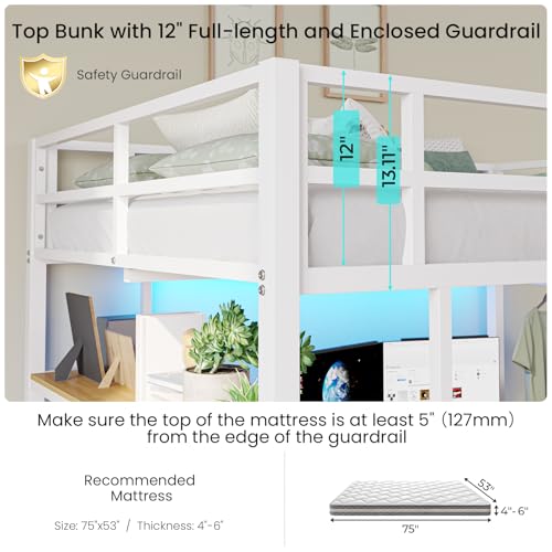 Loft Bed Full Size with L-Shaped Desk and Charging Station G796