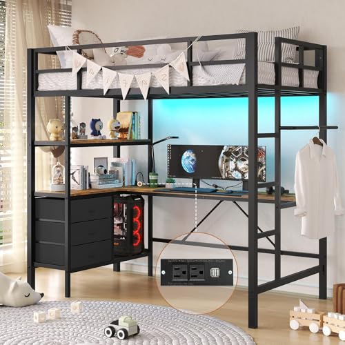 Loft Bed Full Size with L-Shaped Desk and Charging Station G796