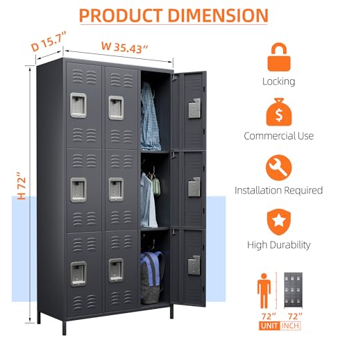 6 Door Metal Storage Locker with 18 Hooks, Black & Dark Grey K6611