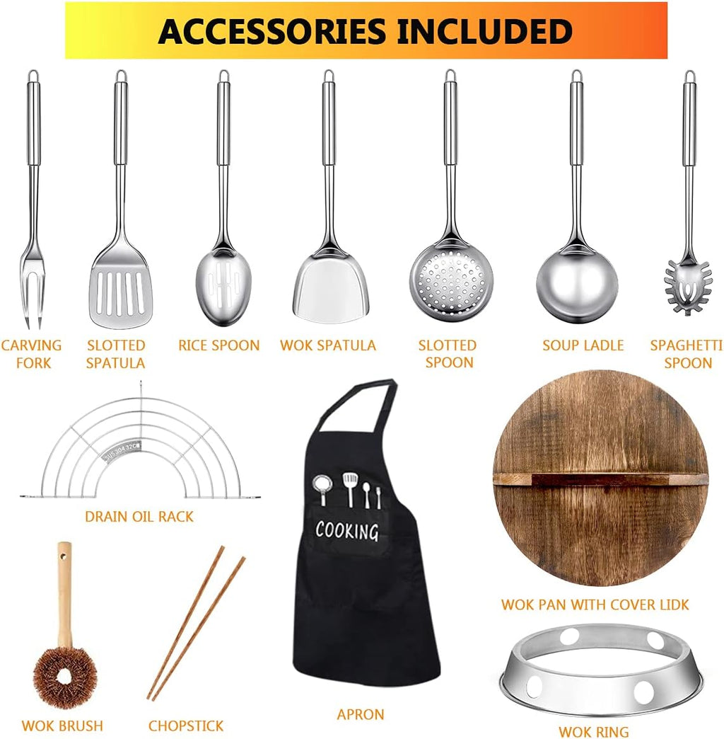 Carbon Steel Wok Pan Set with Wooden Lid, Flat Bottom, 14 Piece R623