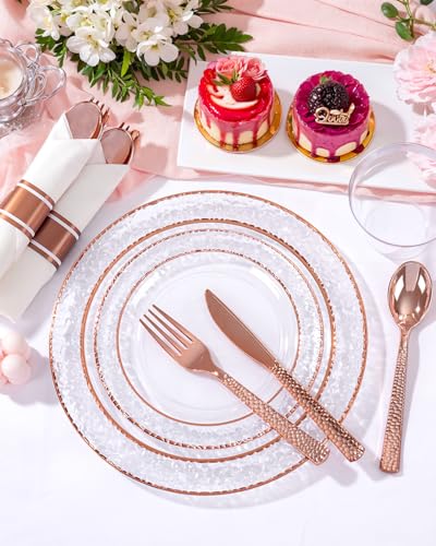 350PCS Clear Plastic Plates with Gold Trim for 50 Guests, Disposable Dinnerware Set O686017