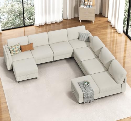 Modular Sectional Sofa Bed with Storage Ottoman, Beige S706