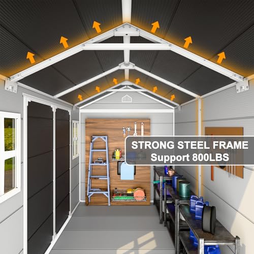 Outdoor Resin Storage Shed with Floor 8x6x7 FT Waterproof, Gray U422