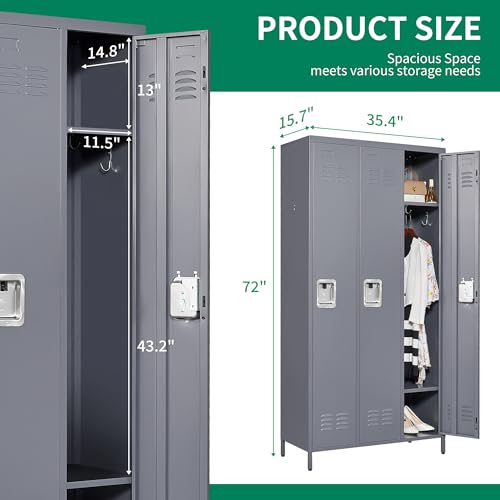 3-Door Steel Storage Locker with Shelves and Hooks I822961