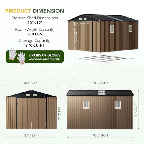 Outdoor Storage Shed 10 x 12 ft Metal Garden Utility with Lockable Doors U582216